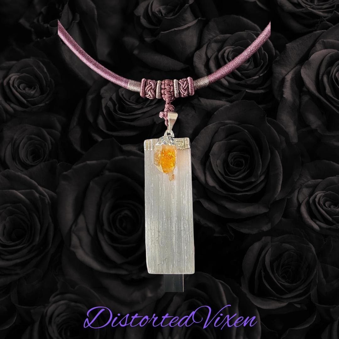 Selenite & Citrine Crystal Necklace | Mauve Satin Cord