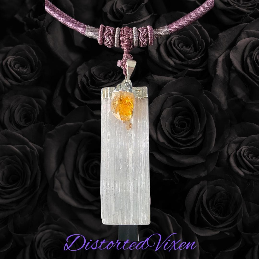 Selenite & Citrine Crystal Necklace | Mauve Satin Cord - Thumbnail 2