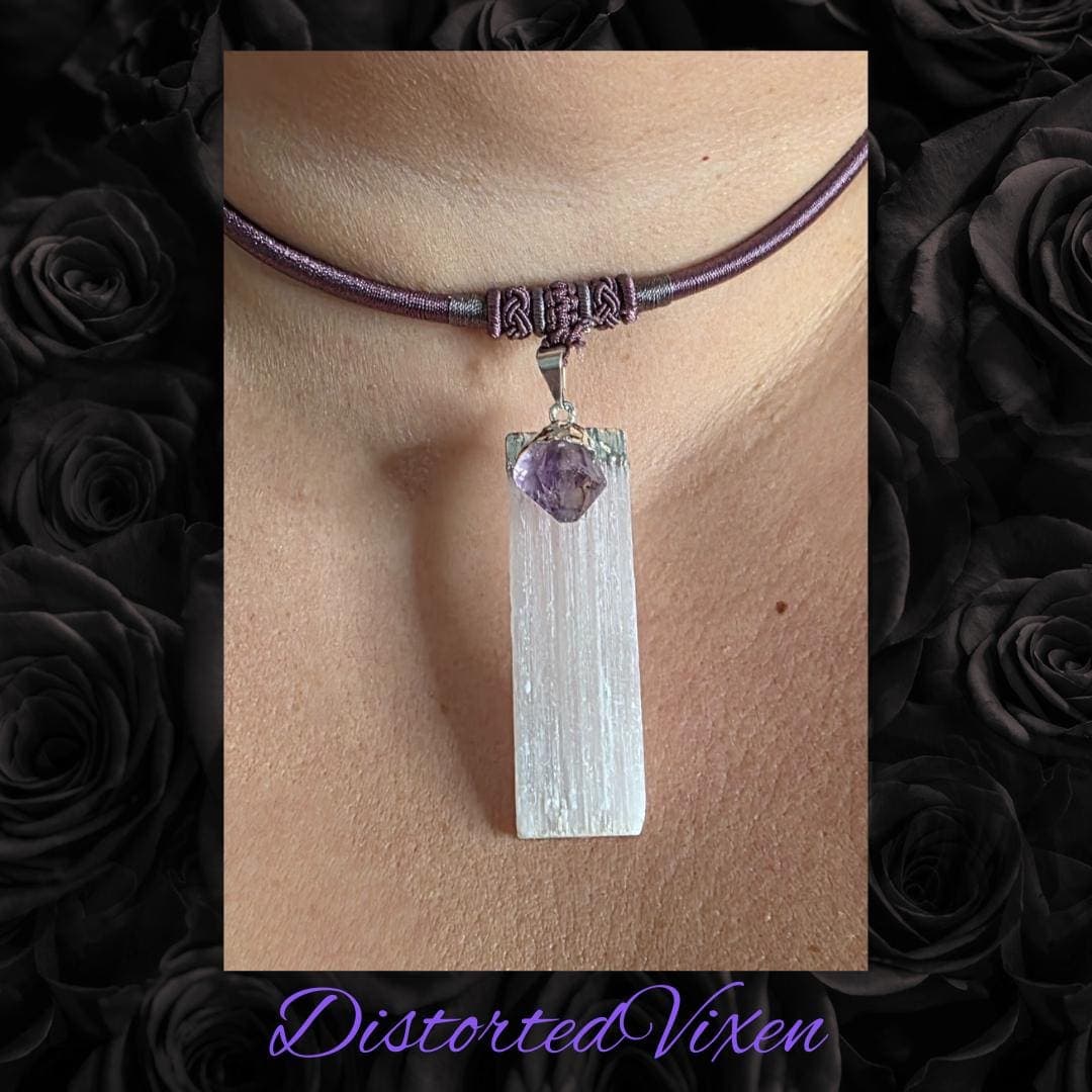 Amethyst & Selenite Necklace | Mauve Cord Choker | Crystal Healing Jewelry | Spiritual Protection Necklace - Thumbnail 6