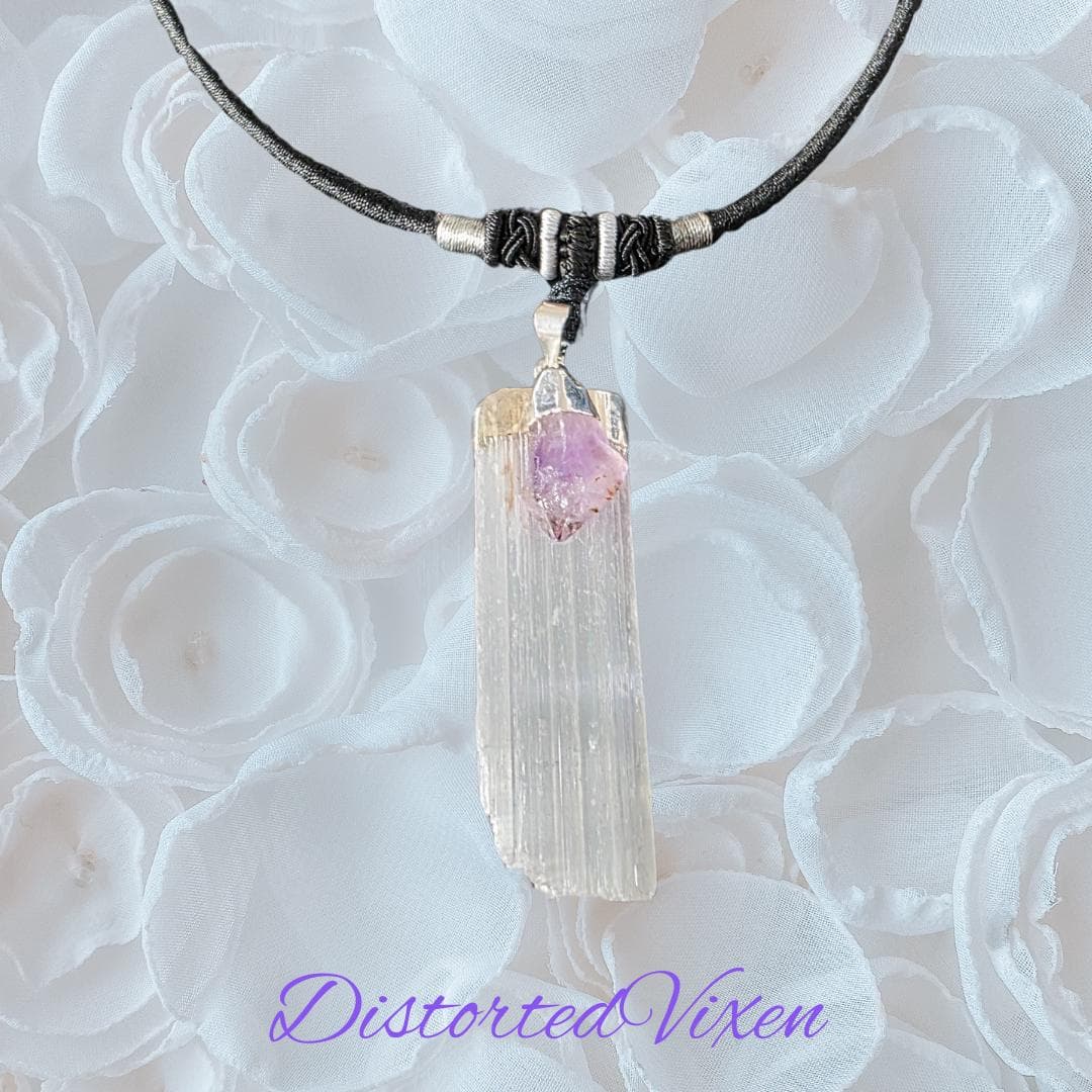Selenite and Amethyst Choker Necklace | Raw Crystal Pendant for Clarity and Calm - Thumbnail 5