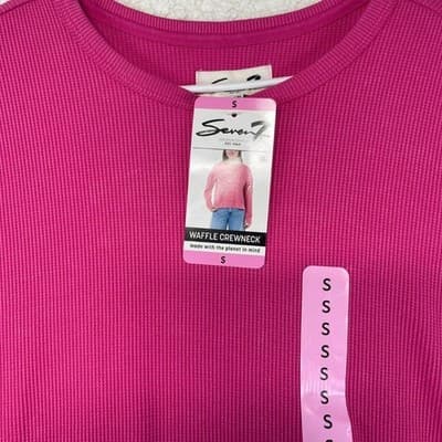 Seven7 T-Shirt Womens S Hot Pink Waffle Crew Neck Long Sleeve Relaxed Top - Thumbnail 2