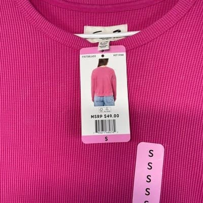 Seven7 T-Shirt Womens S Hot Pink Waffle Crew Neck Long Sleeve Relaxed Top - Thumbnail 3