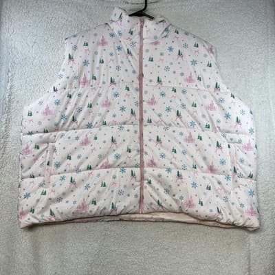 Disney Vest Womens 3X Pink Castle Snowflake Quilted Puffer Christmas Holiday
