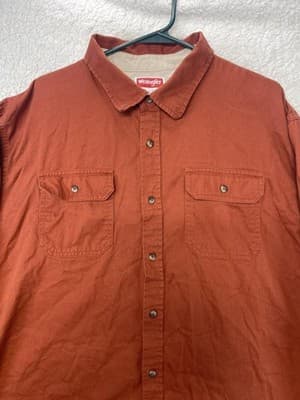 Wrangler Shirt Mens 2XL Brown Solid Button Up Cotton Long Sleeve Casual Workwear - Thumbnail 4