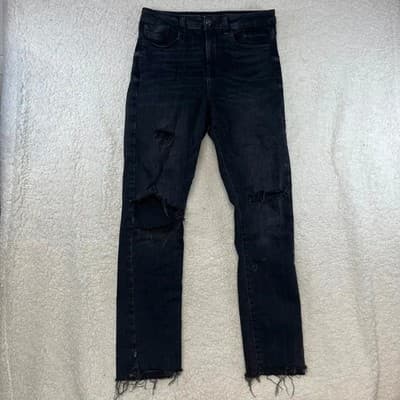 Zara High Rise Skinny Jeans Womens 4 Black Charcoal Wash Distressed Frayed Hem - Thumbnail 2
