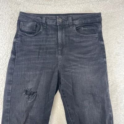 Zara High Rise Skinny Jeans Womens 4 Black Charcoal Wash Distressed Frayed Hem - Thumbnail 3