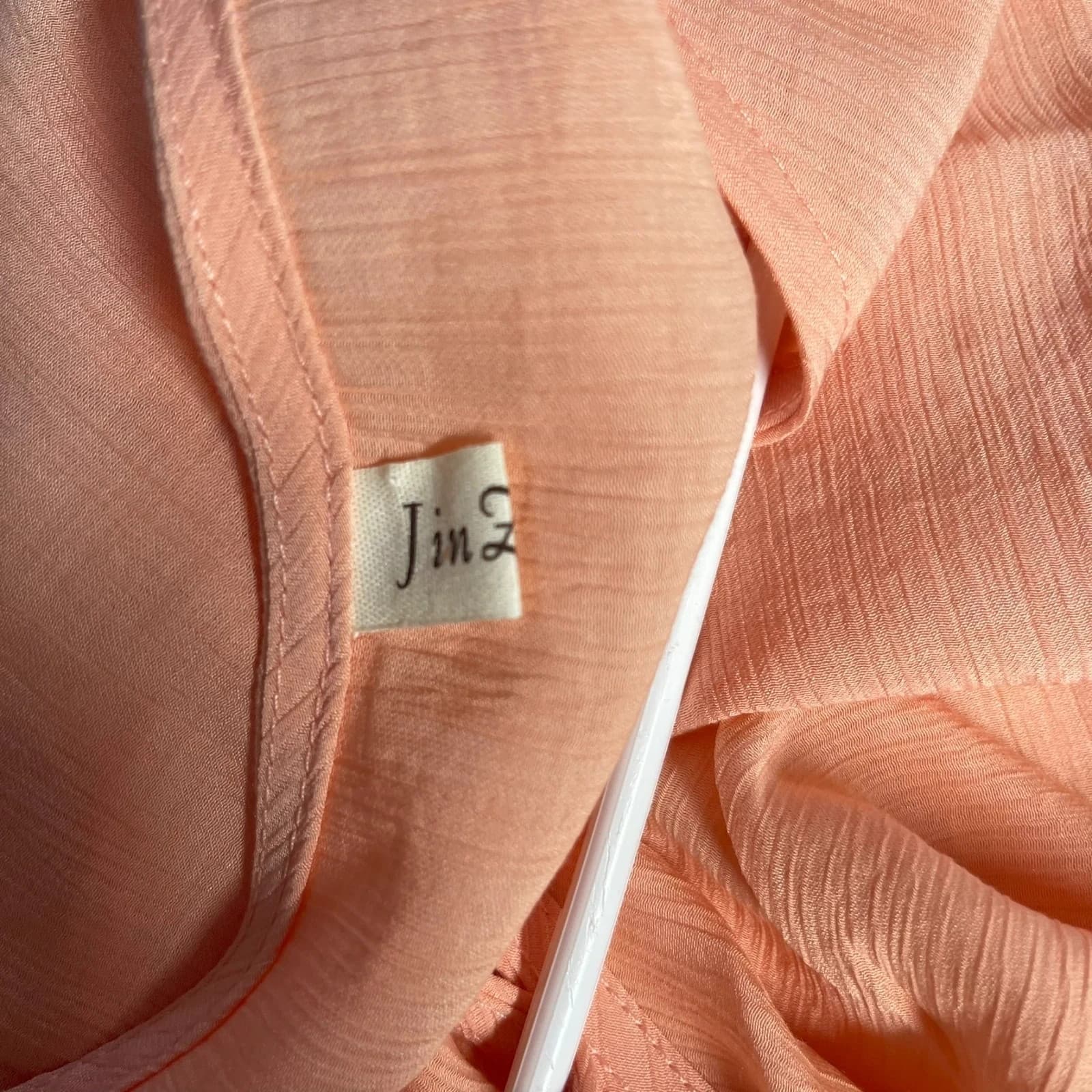 Jin Zi Lai Women's Peach Sheer Faux Wrap Blouse Short Sleeve Top - Thumbnail 3