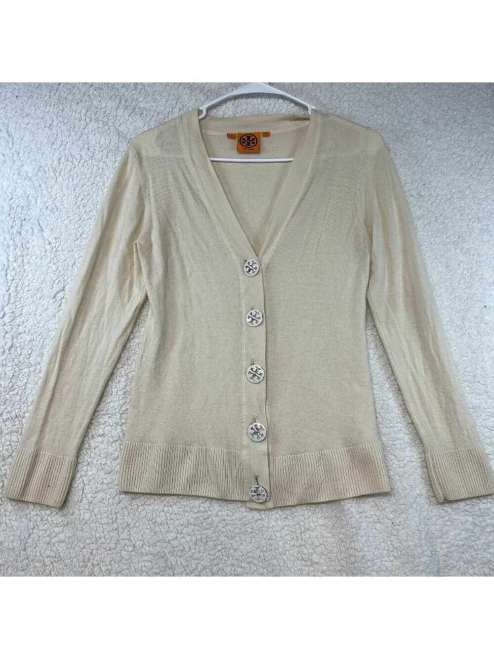 Tory Burch 100% Merino Wool Cream Button Front Cardigan Sweater Medium - Thumbnail 2