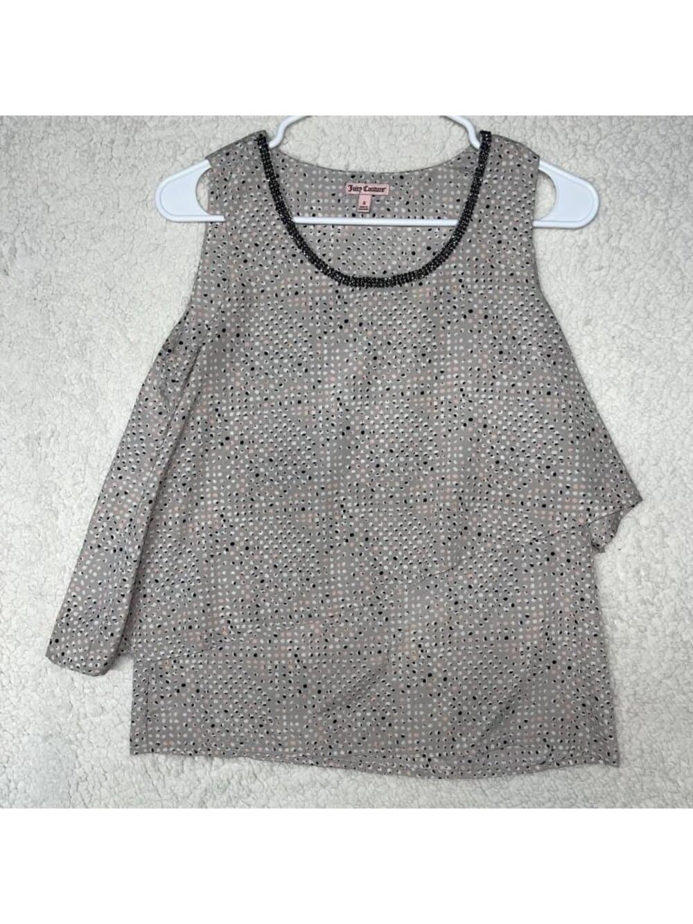 Juicy Couture Sleeveless Beaded Neck Blouse Polka Dot Gray Small - Thumbnail 2