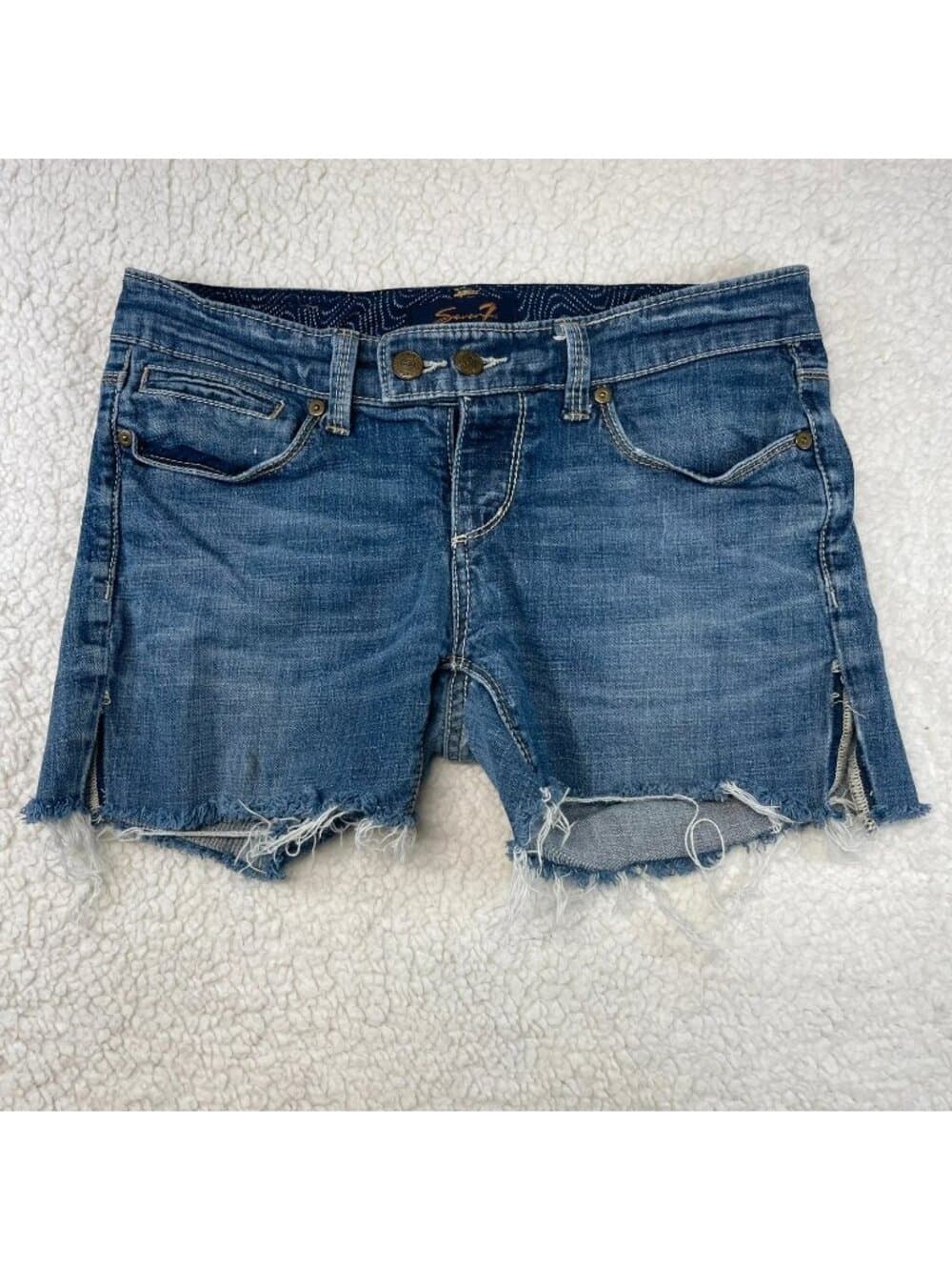 Seven7 Distressed Denim Cutoff Shorts Double Button Medium Wash Size 4 - Thumbnail 2