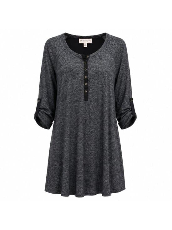 Philosophy Dresses Charcoal Heather Knit Roll-Tab Sleeve Henley Dress Size S - Thumbnail 9