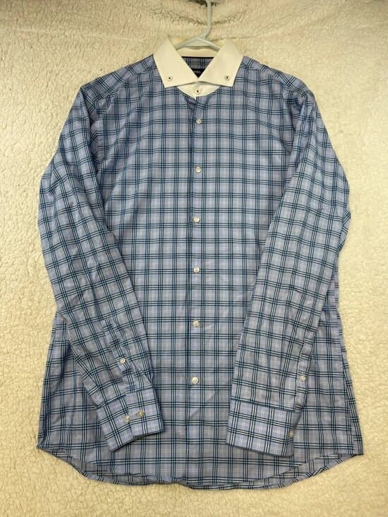 BOSS Hugo Boss Slim Fit Easy Iron Blue Plaid Dress Shirt 16 41 - Thumbnail 9