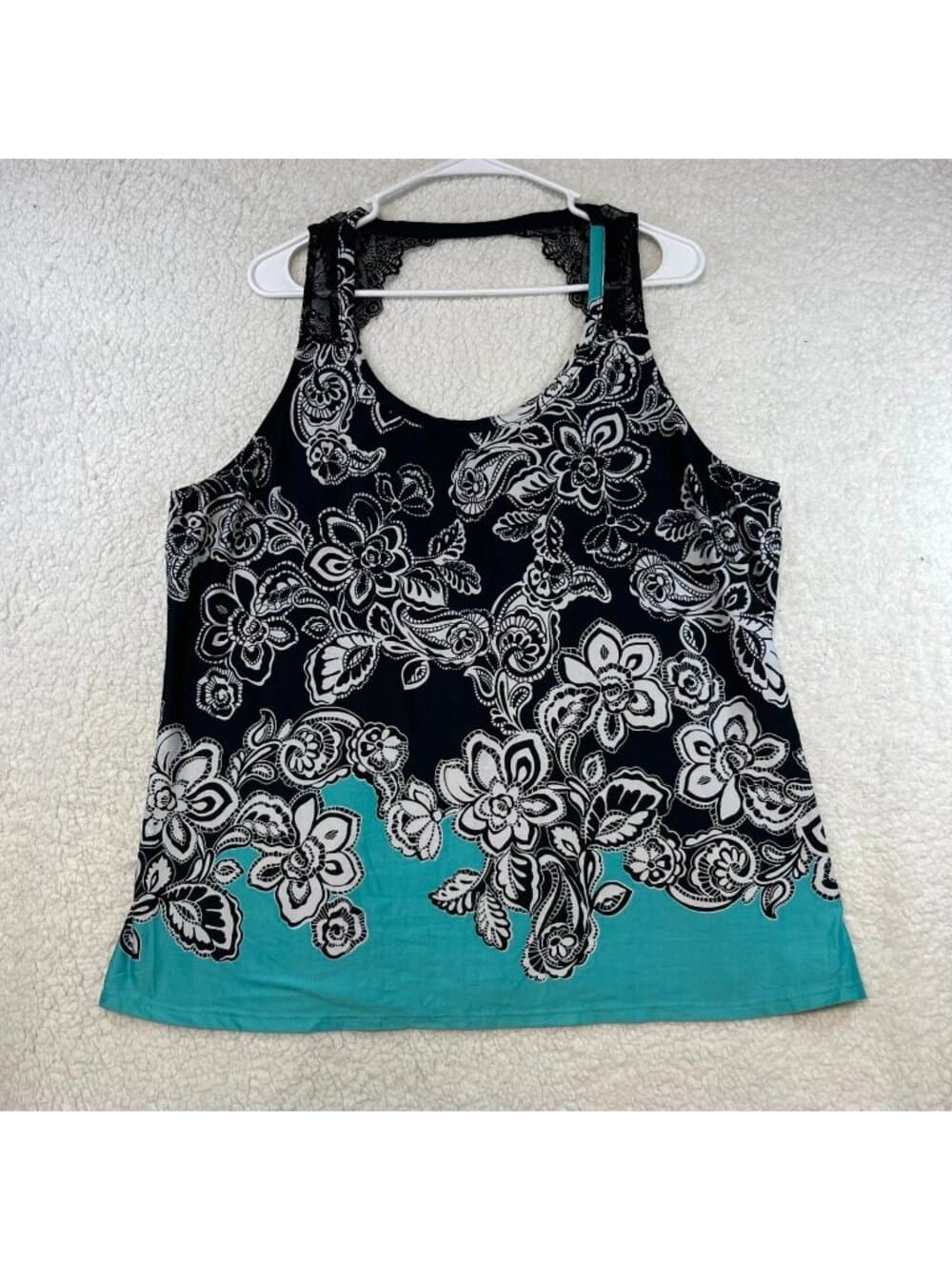 Linea Donatella Floral Paisley Lace Racerback Tank Top Women's XL Black Aqua - Thumbnail 6