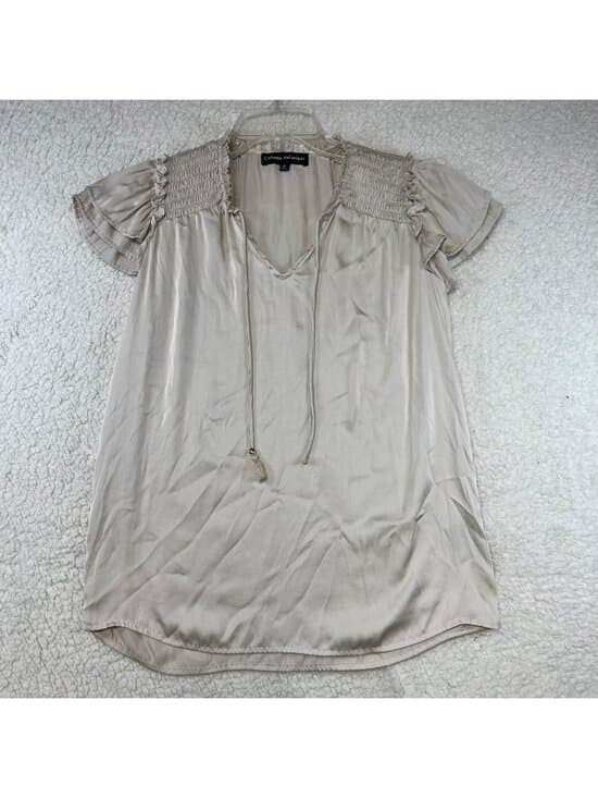 Catherine Malandrino Champagne Satin Smocked Flutter Sleeve Blouse XS - Thumbnail 7