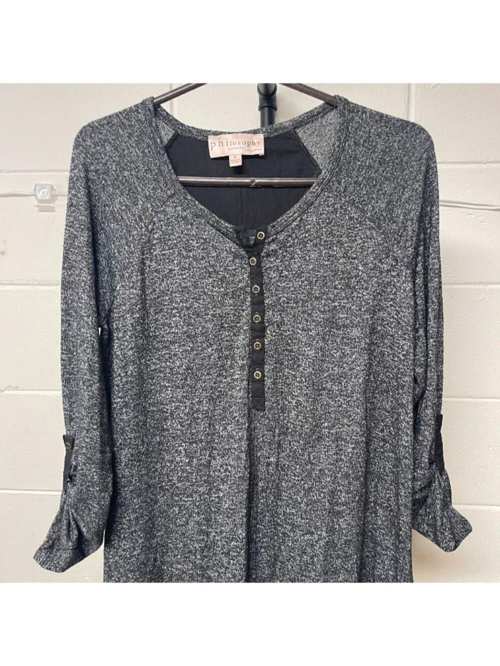 Philosophy Dresses Charcoal Heather Knit Roll-Tab Sleeve Henley Dress Size S - Thumbnail 2
