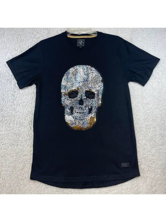 CR24 Black Sequin Skull Graphic T-Shirt Men's Size Small - Thumbnail 7
