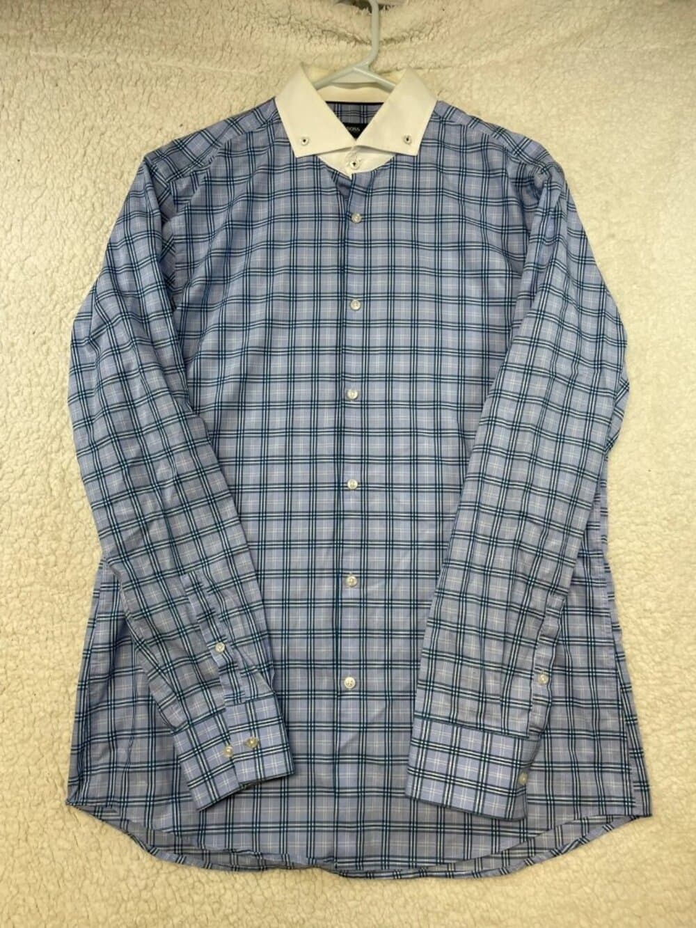 BOSS Hugo Boss Slim Fit Easy Iron Blue Plaid Dress Shirt 16 41 - Thumbnail 8