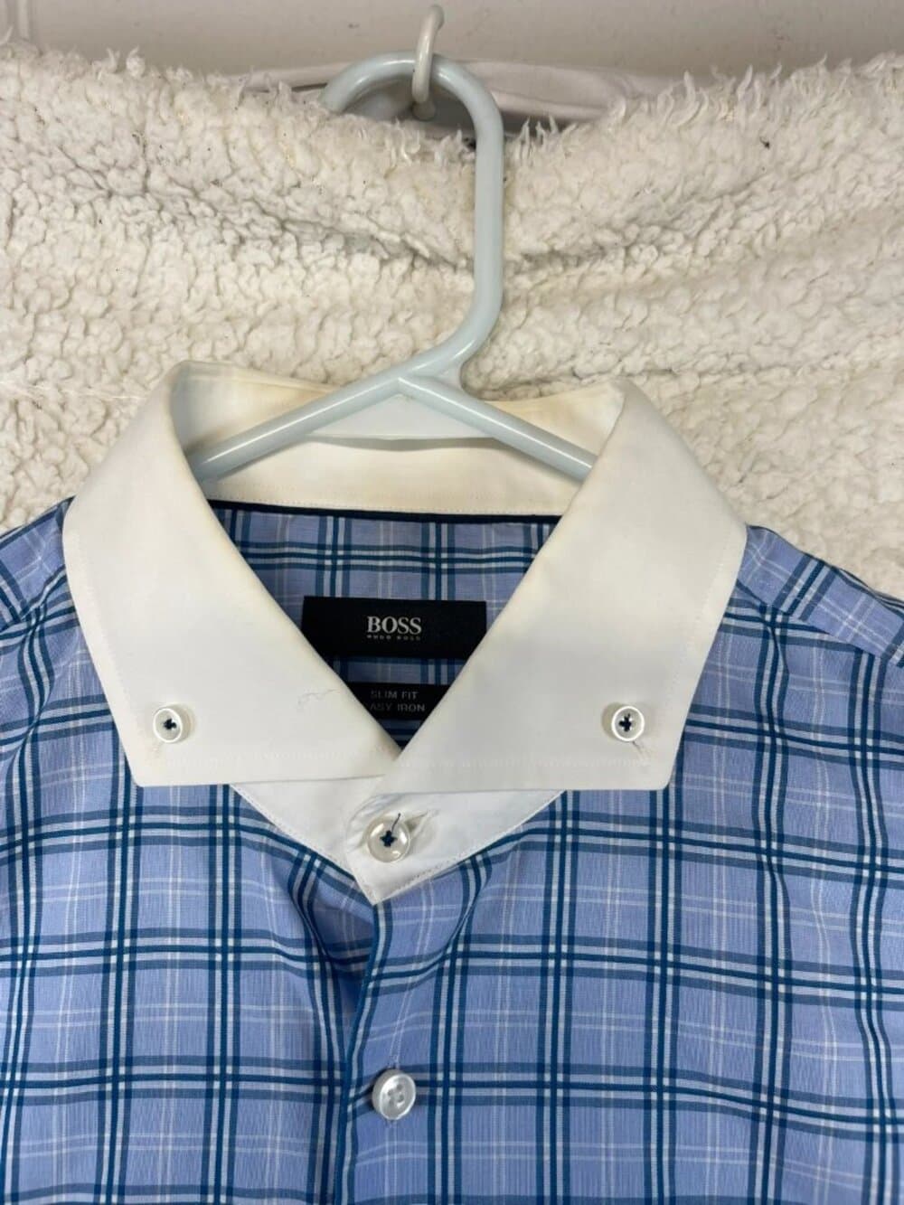 BOSS Hugo Boss Slim Fit Easy Iron Blue Plaid Dress Shirt 16 41 - Thumbnail 3