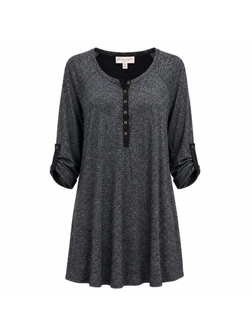 Philosophy Dresses Charcoal Heather Knit Roll-Tab Sleeve Henley Dress Size S - Thumbnail 8