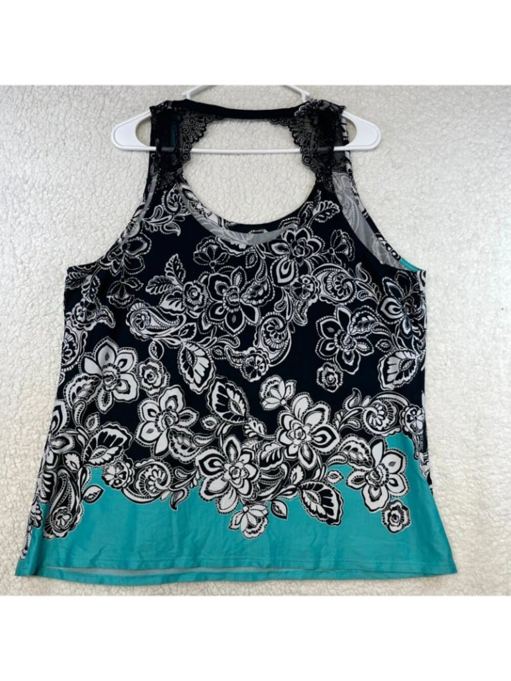 Linea Donatella Floral Paisley Lace Racerback Tank Top Women's XL Black Aqua - Thumbnail 3