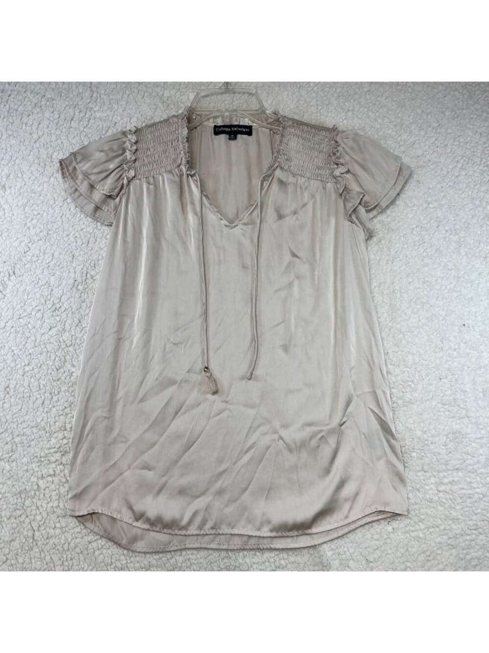 Catherine Malandrino Champagne Satin Smocked Flutter Sleeve Blouse XS - Thumbnail 6