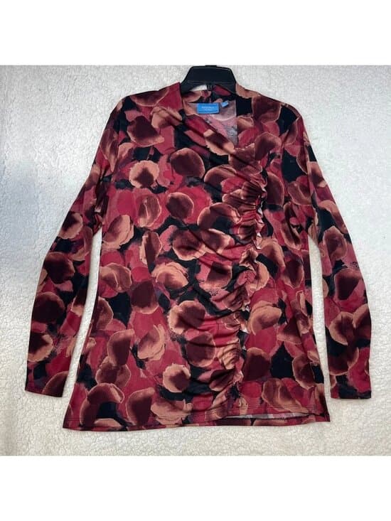 Simply Vera Vera Wang XL Floral Ruched Wrap Style Top Pink Burgundy - Thumbnail 6