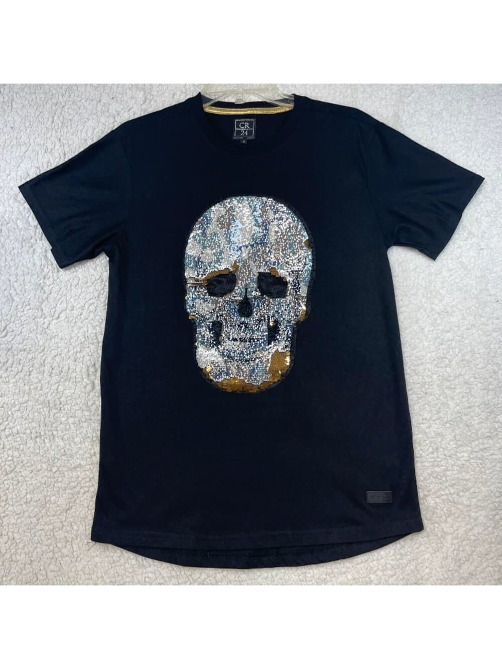 CR24 Black Sequin Skull Graphic T-Shirt Men's Size Small - Thumbnail 6