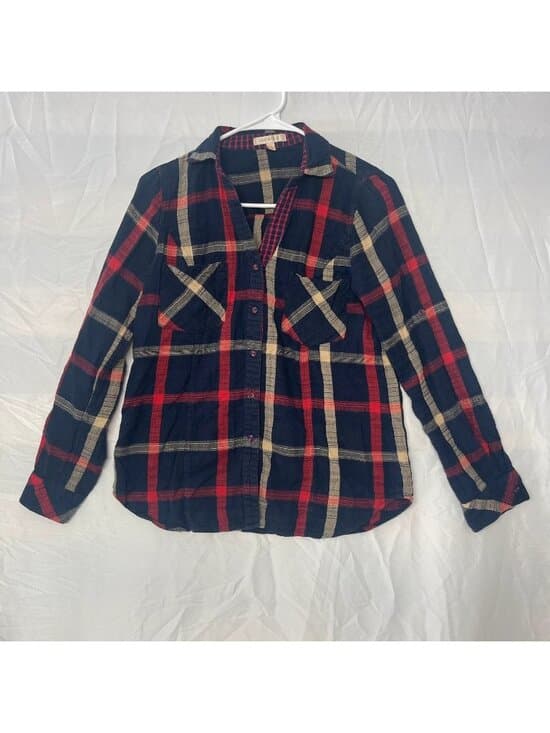 Skies Are Blue Plaid Button Front Roll Tab Shirt Size S - Thumbnail 4