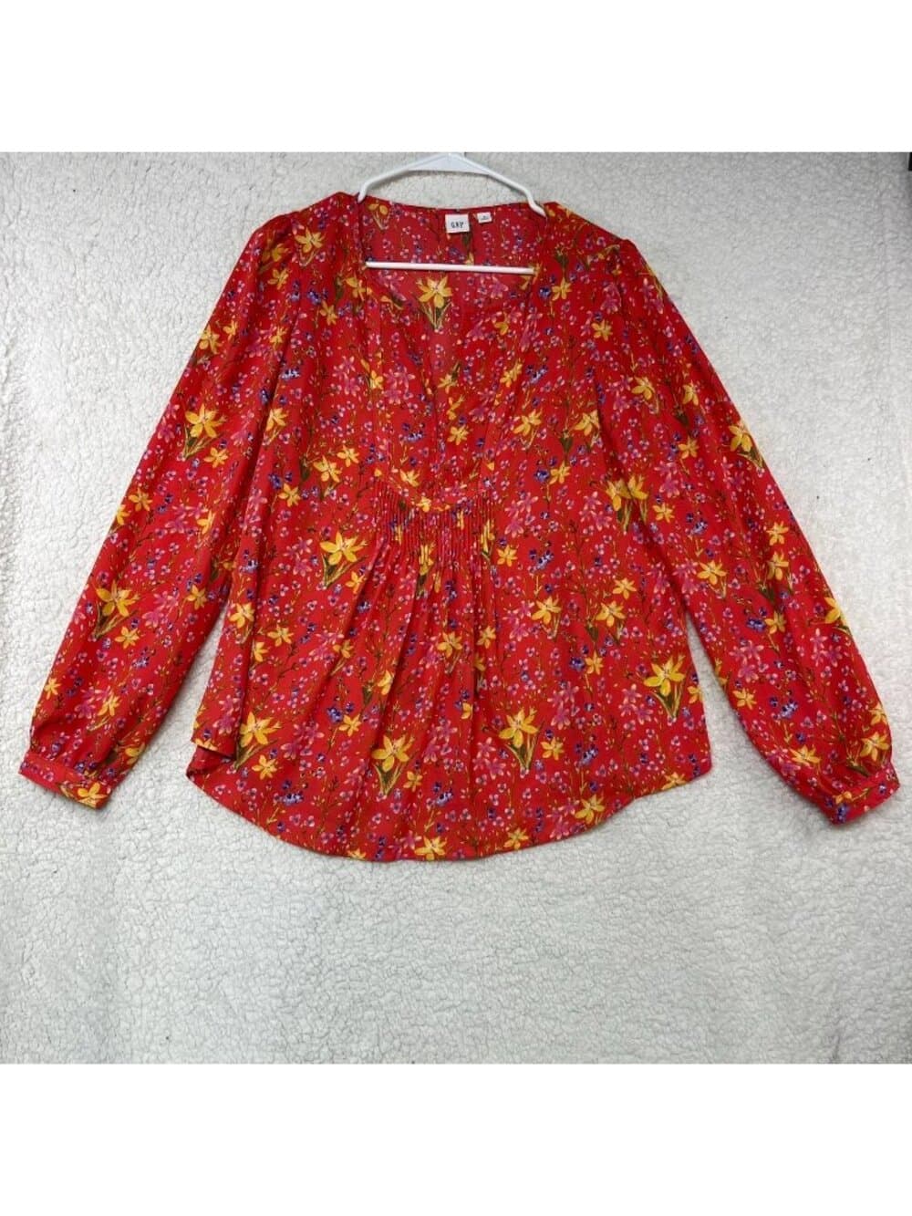 Women's Gap Floral Pintuck Smocked Waist V-Neck Long Sleeve Blouse Red Small - Thumbnail 7