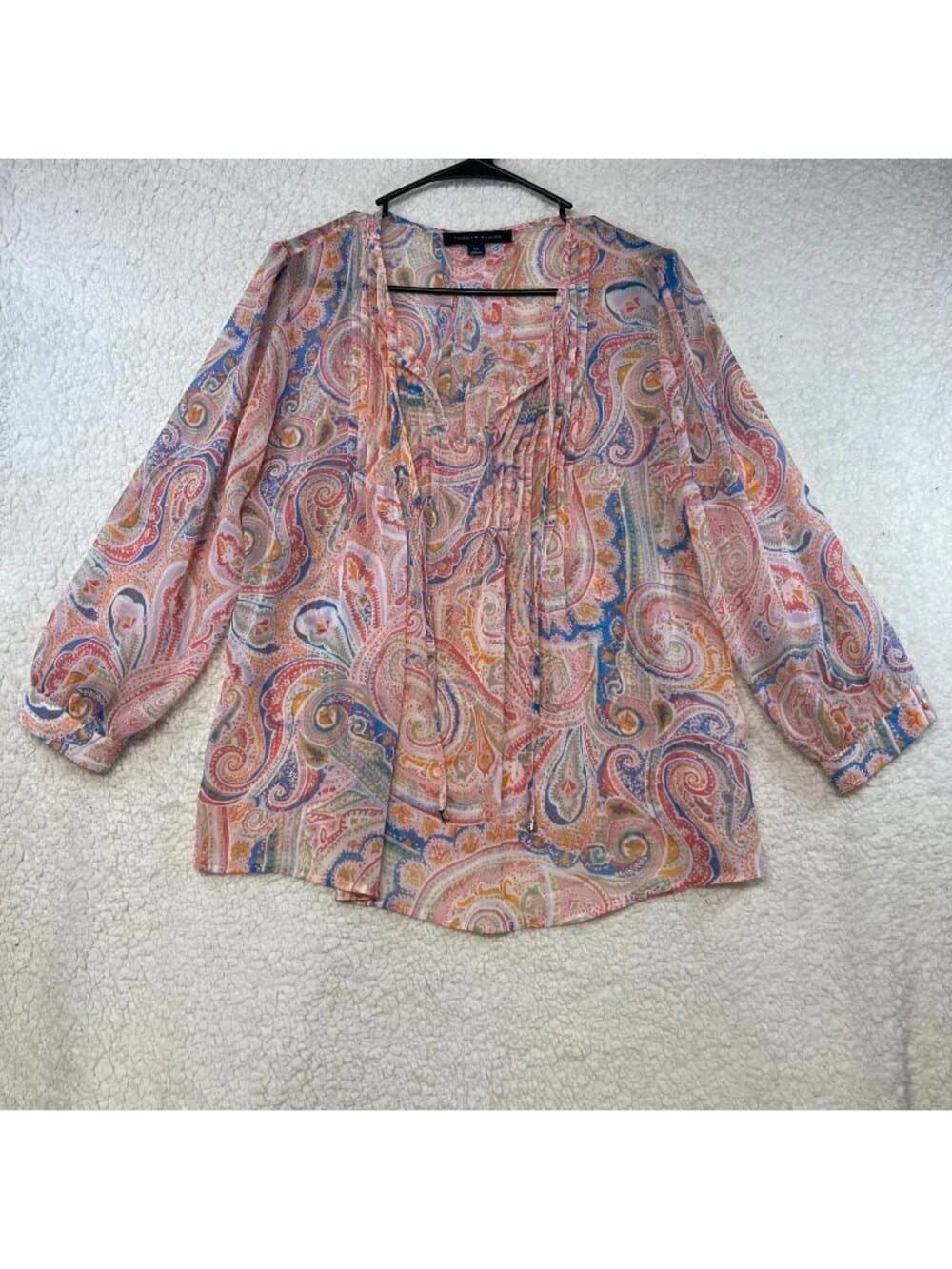 Tommy Hilfiger Paisley Peasant Blouse Women's Small Sheer Tie Neck 3/4 Sleeve - Thumbnail 7