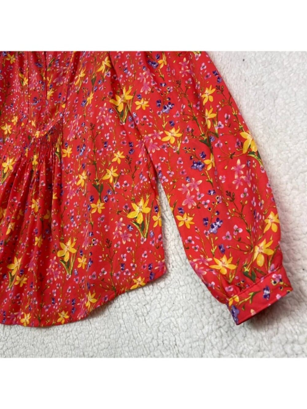 Women's Gap Floral Pintuck Smocked Waist V-Neck Long Sleeve Blouse Red Small - Thumbnail 2