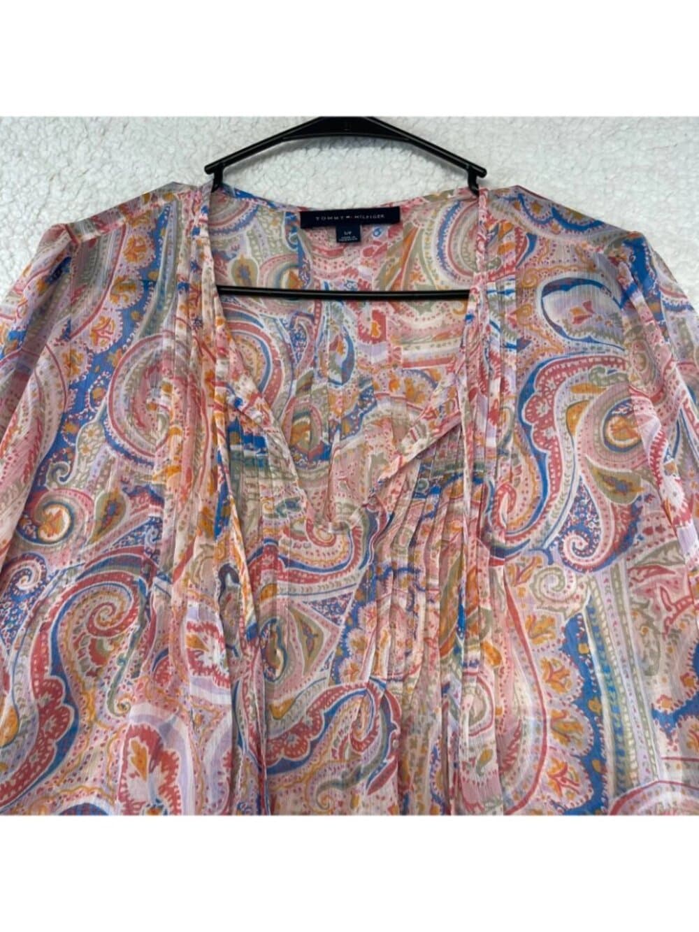 Tommy Hilfiger Paisley Peasant Blouse Women's Small Sheer Tie Neck 3/4 Sleeve - Thumbnail 2