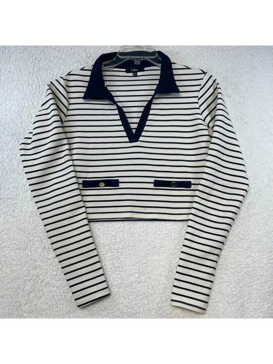 Lulus Striped Cropped Top XL – Navy & White Nautical V‑Neck Long Sleeve - Thumbnail 5