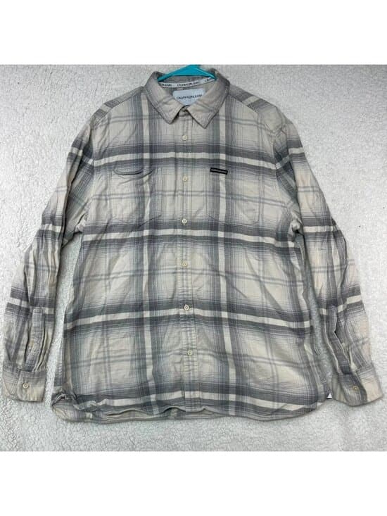Calvin Klein Jeans Men's Plaid Button Front Shirt Large Gray Cotton - Thumbnail 9