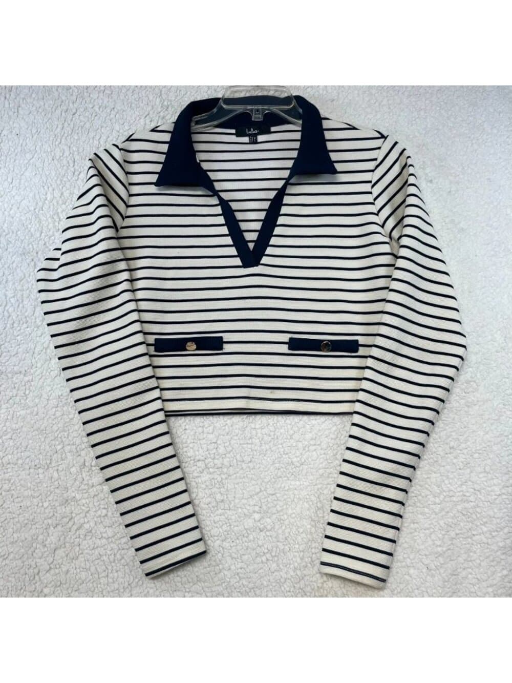 Lulus Striped Cropped Top XL – Navy & White Nautical V‑Neck Long Sleeve - Thumbnail 4