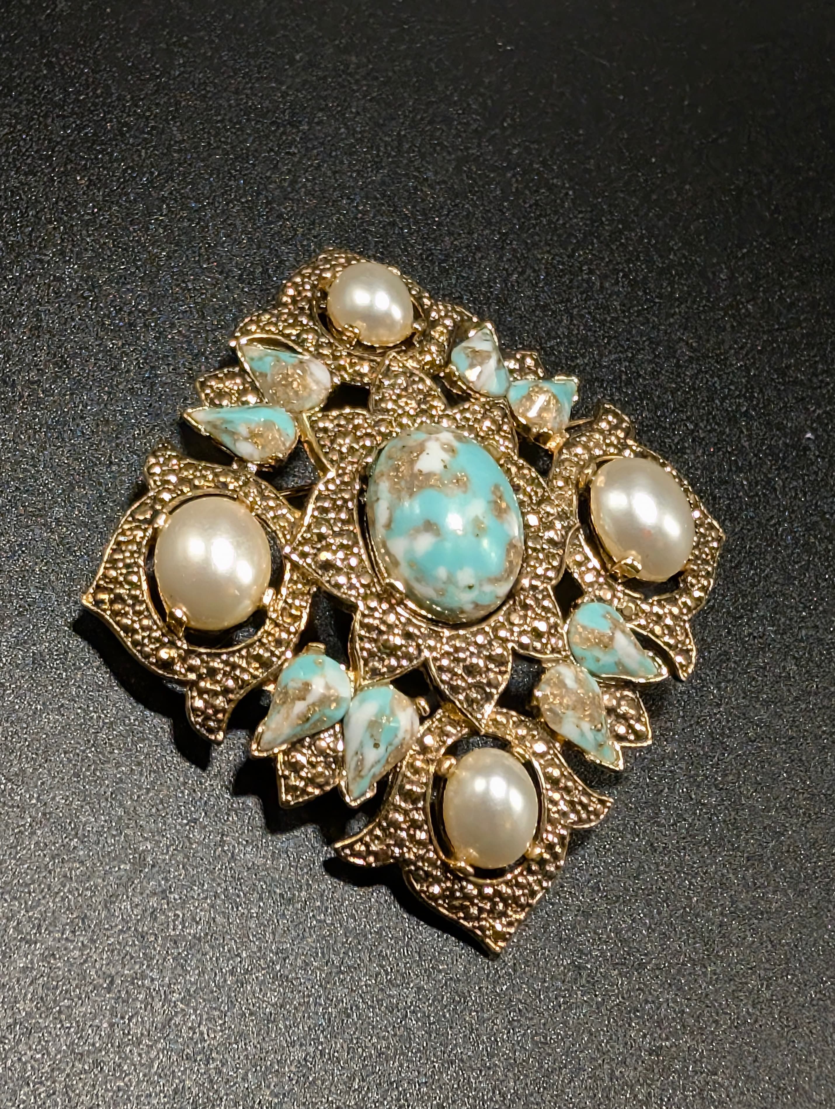 Vintage Sarah Coventry Gold-Tone Brooch with Faux Turquoise and Pearl Accents