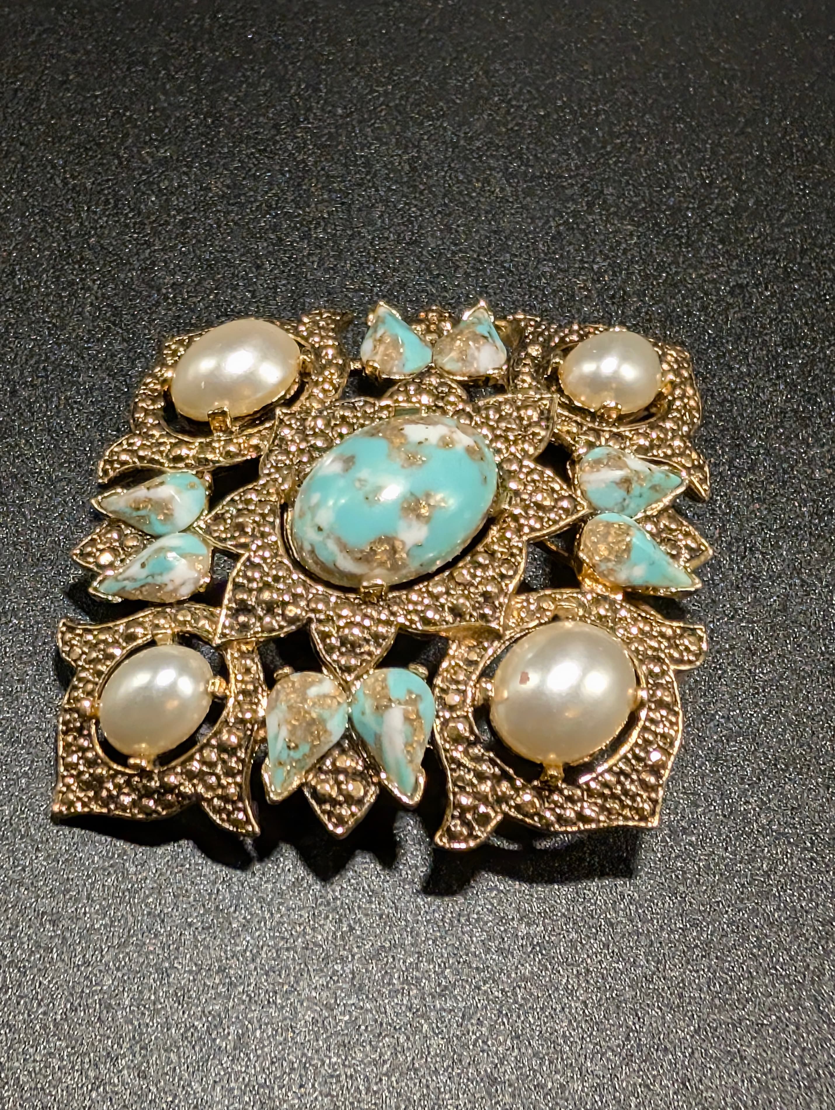 Vintage Sarah Coventry Gold-Tone Brooch with Faux Turquoise and Pearl Accents - Thumbnail 2