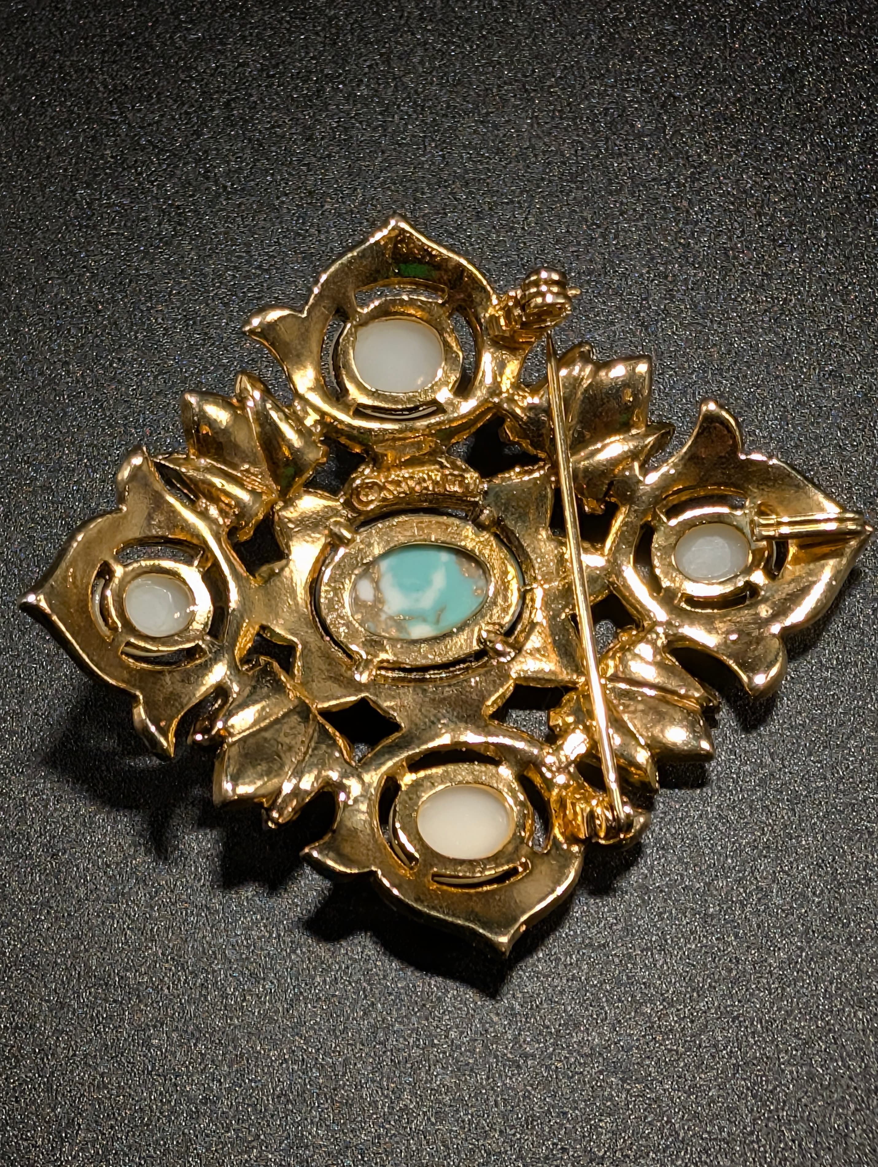 Vintage Sarah Coventry Gold-Tone Brooch with Faux Turquoise and Pearl Accents - Thumbnail 3