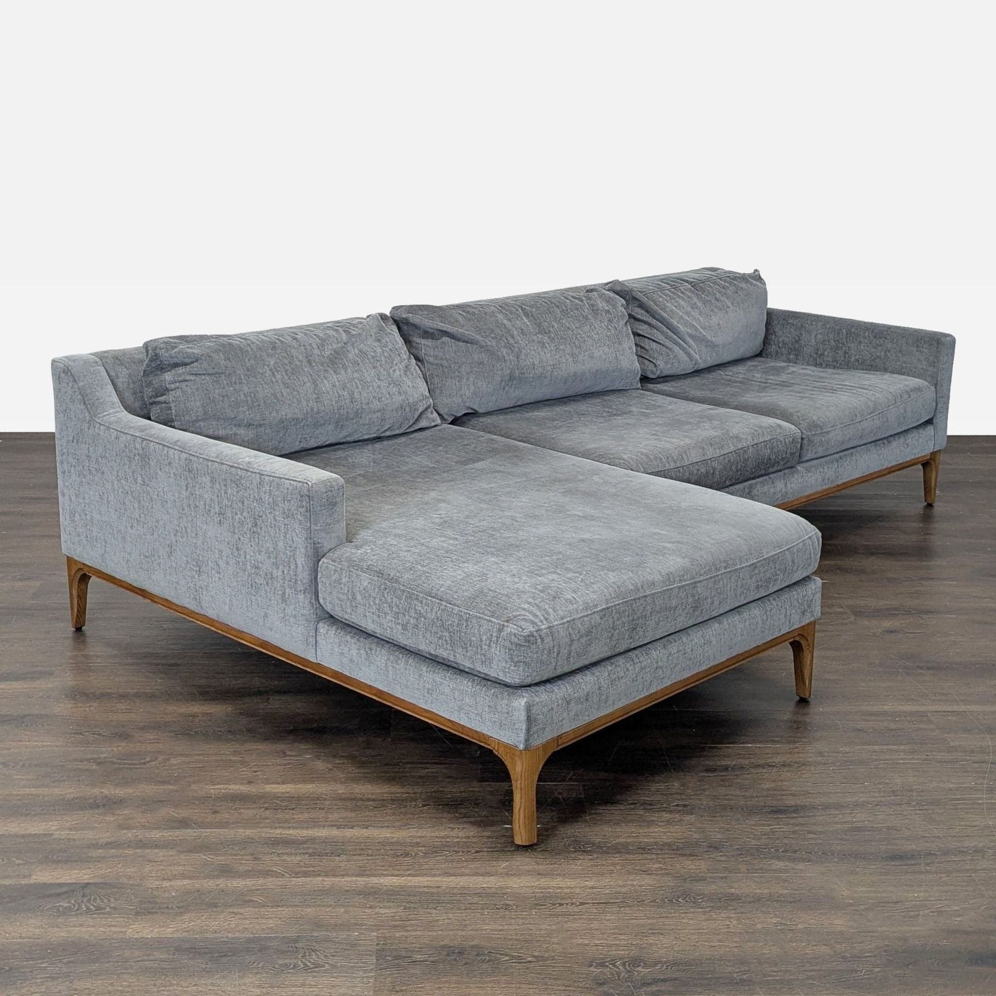 West Elm Parker Gray Sectional Sofa with Chaise and Wood Base - Thumbnail 2