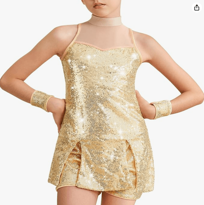 Girls Sequins Dance Costume Mesh Hip Hop Jazz Dance Outfit Sparkle Suit - Gold - Thumbnail 4