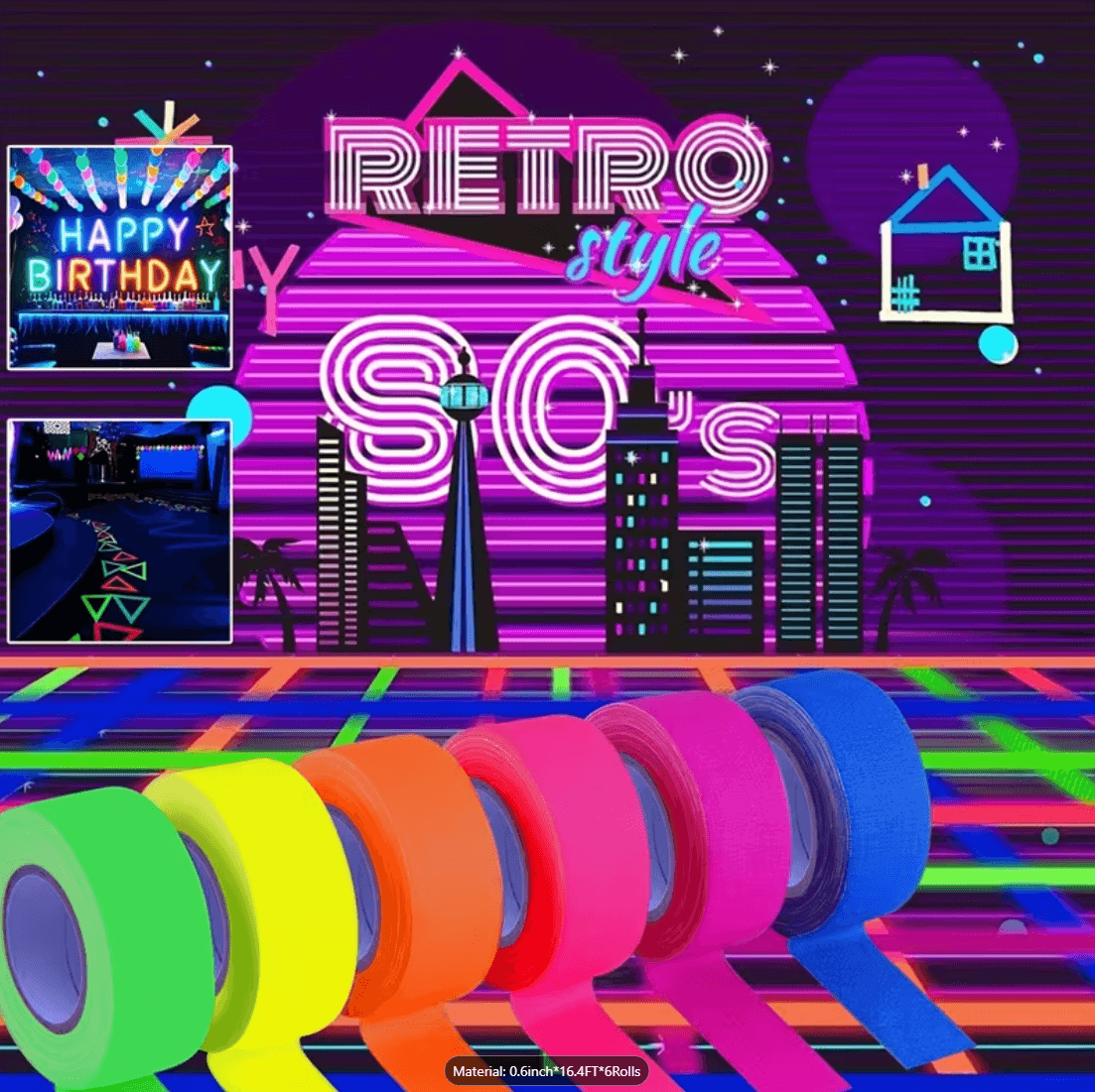 6 Colors Neon Gaffer Cloth Tape, Fluorescent UV Blacklight Tape for UV Party - Thumbnail 5