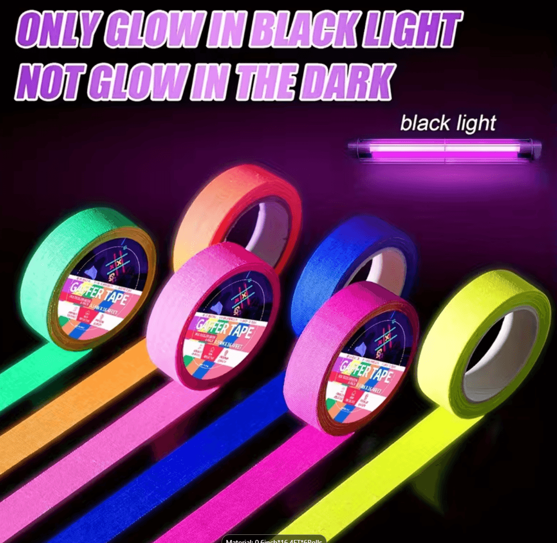 6 Colors Neon Gaffer Cloth Tape, Fluorescent UV Blacklight Tape for UV Party - Thumbnail 4