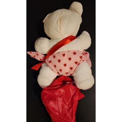 9" Vintage White Teddy Bear Plush - "Hugs & Kisses" Red Hearts Stuffed Animal - Thumbnail 2