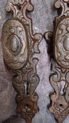 "Pair Antique Victorian Cast Iron Door Escutcheons Ornate Scroll - Thumbnail 8
