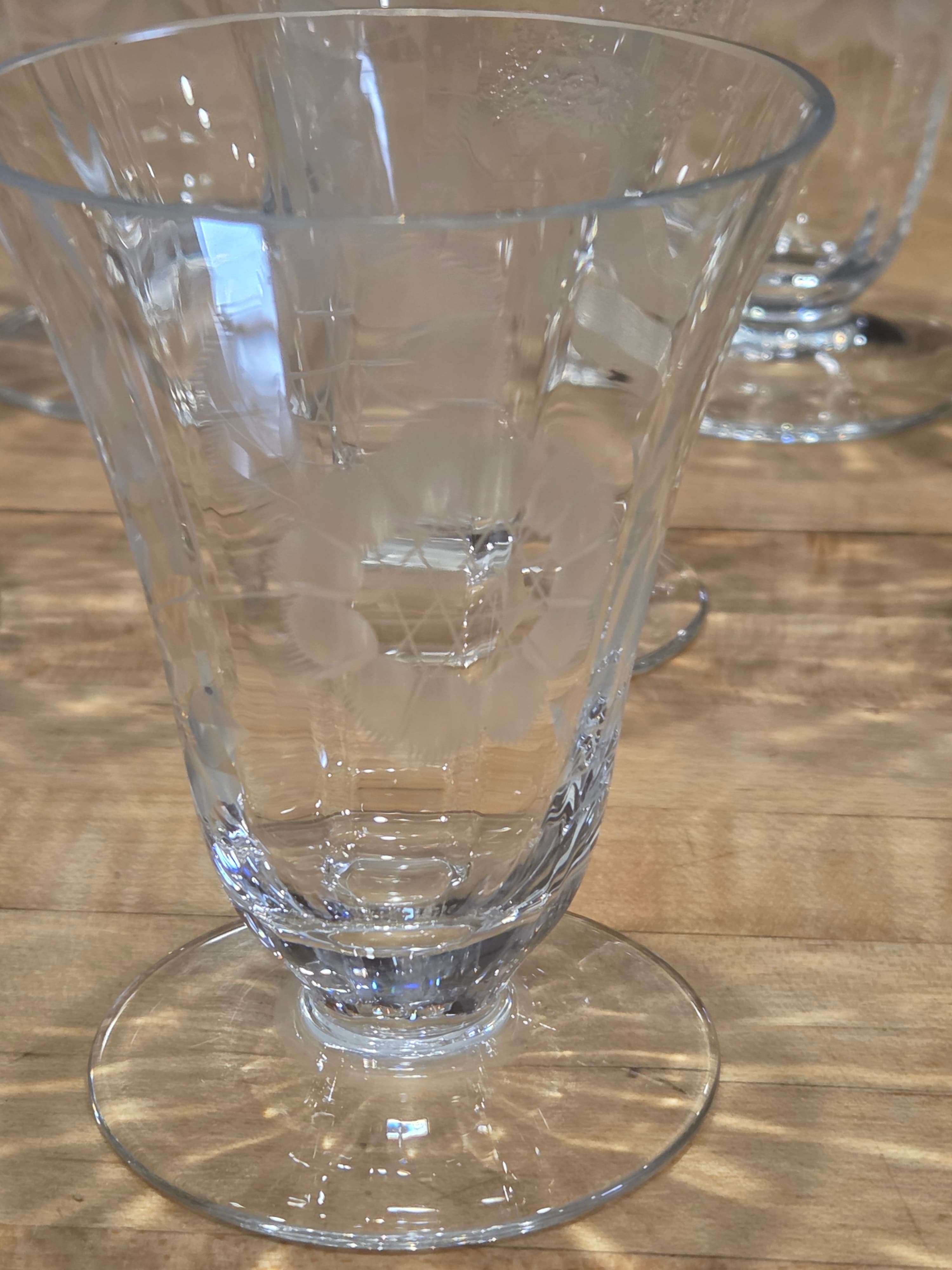 Vintage WJ Hughes Cornflower Etched Footed Glassware Set of 8 - Thumbnail 2