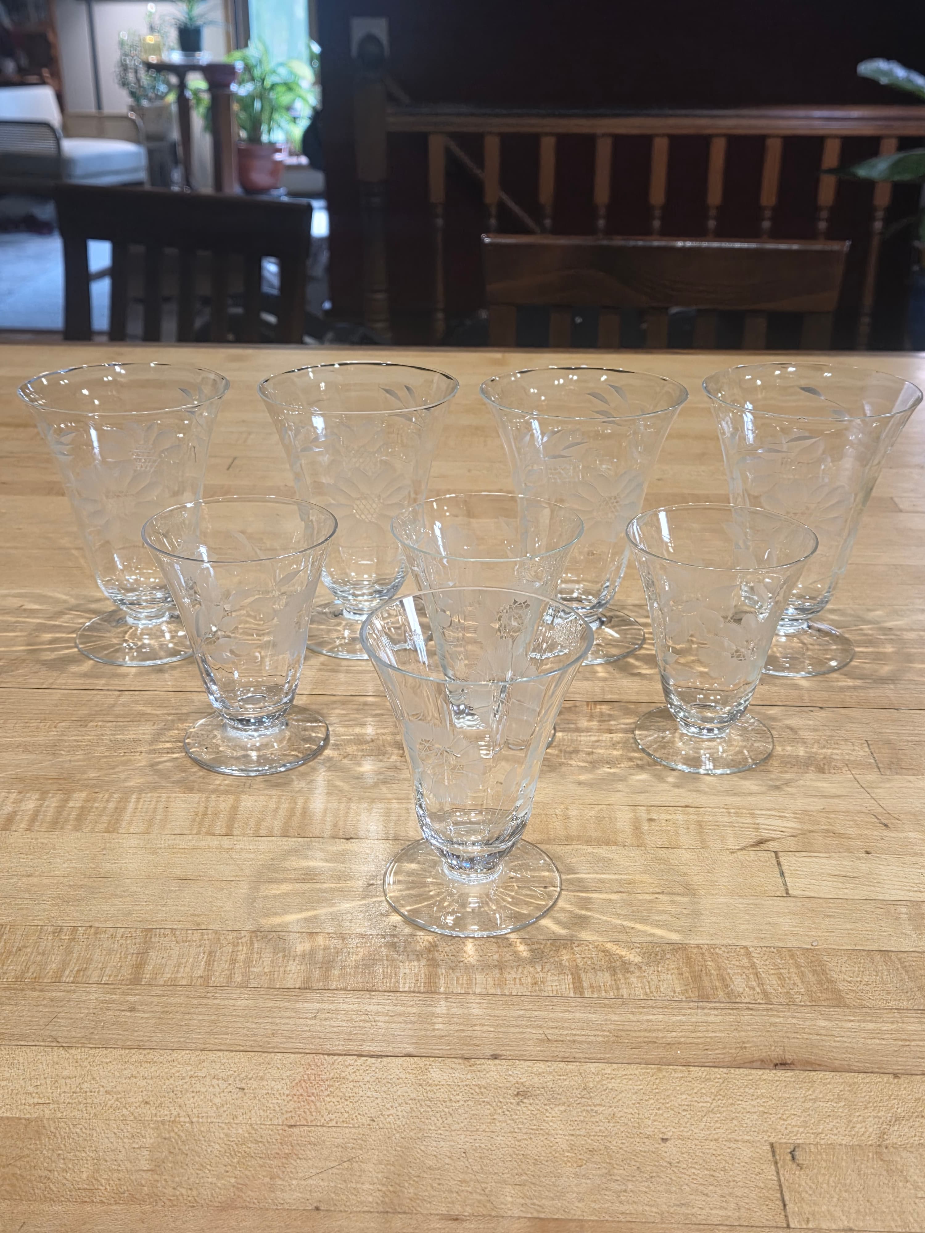 Vintage WJ Hughes Cornflower Etched Footed Glassware Set of 8