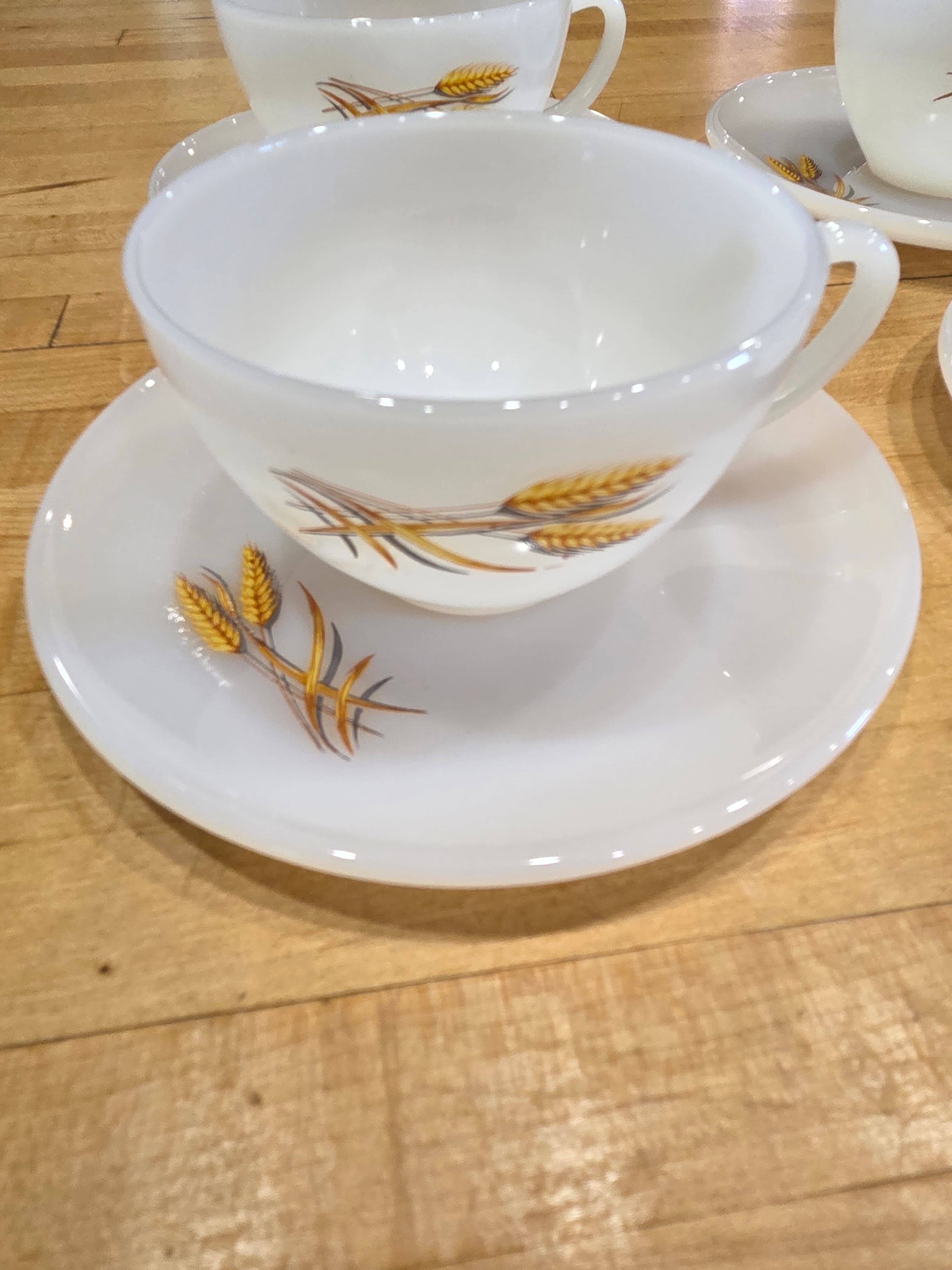 Vintage Fire King Wheat Milk Glass Cups and Saucers 8 Piece Set - Thumbnail 2