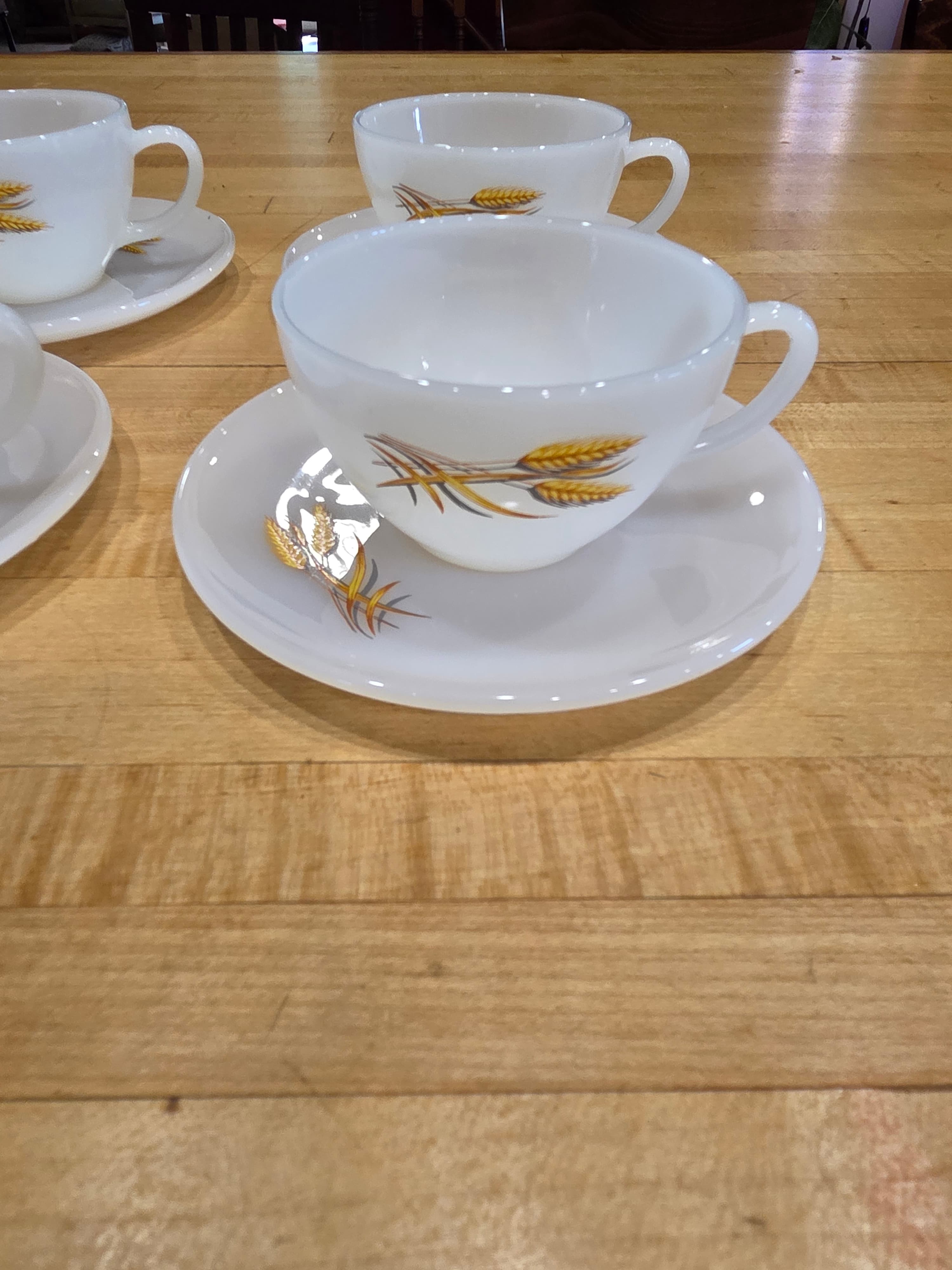Vintage Fire King Wheat Milk Glass Cups and Saucers 8 Piece Set - Thumbnail 3