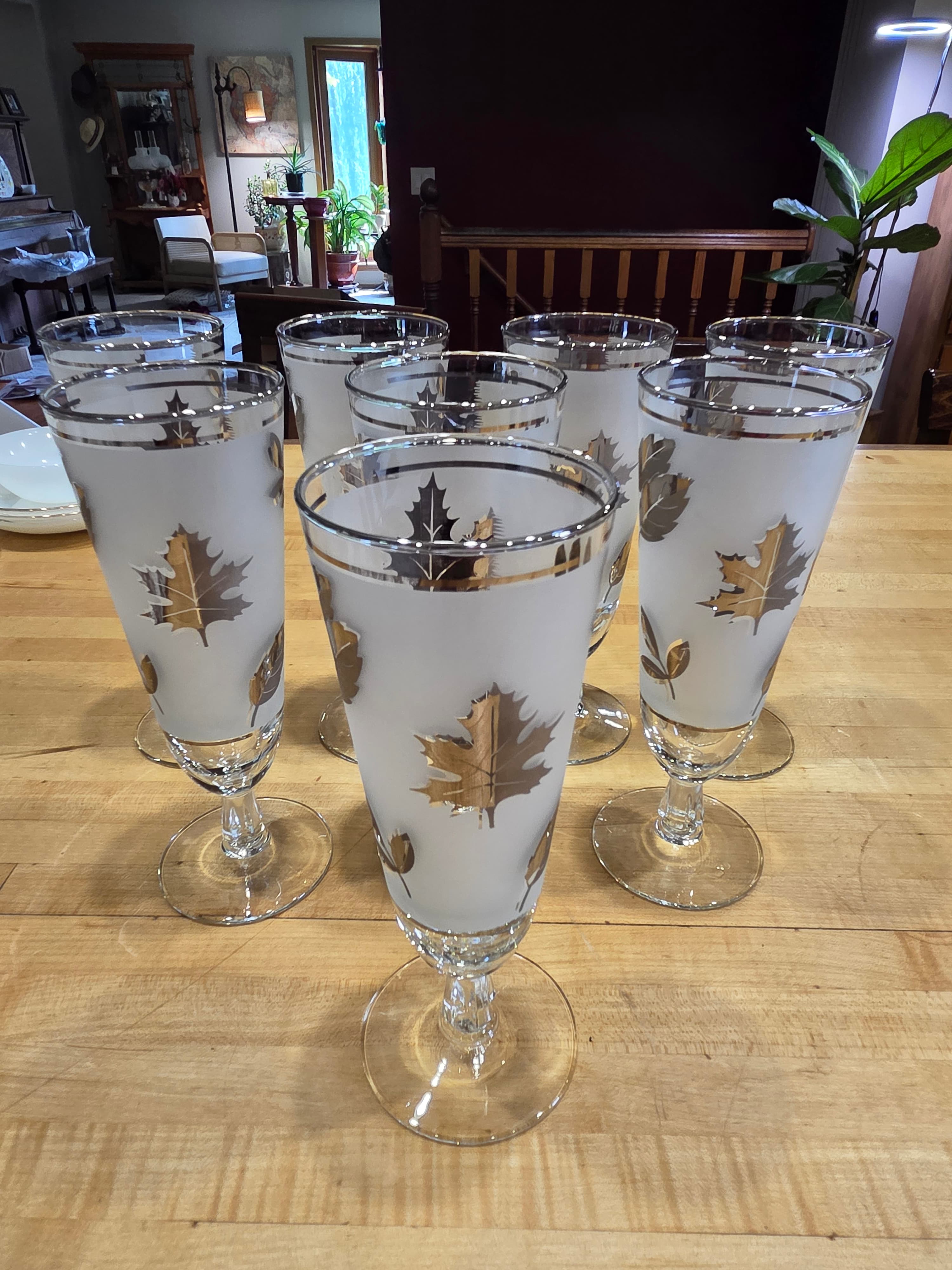 Vintage Libbey Golden Foliage Frosted Gold Leaf Pilsner Glasses Set of 8