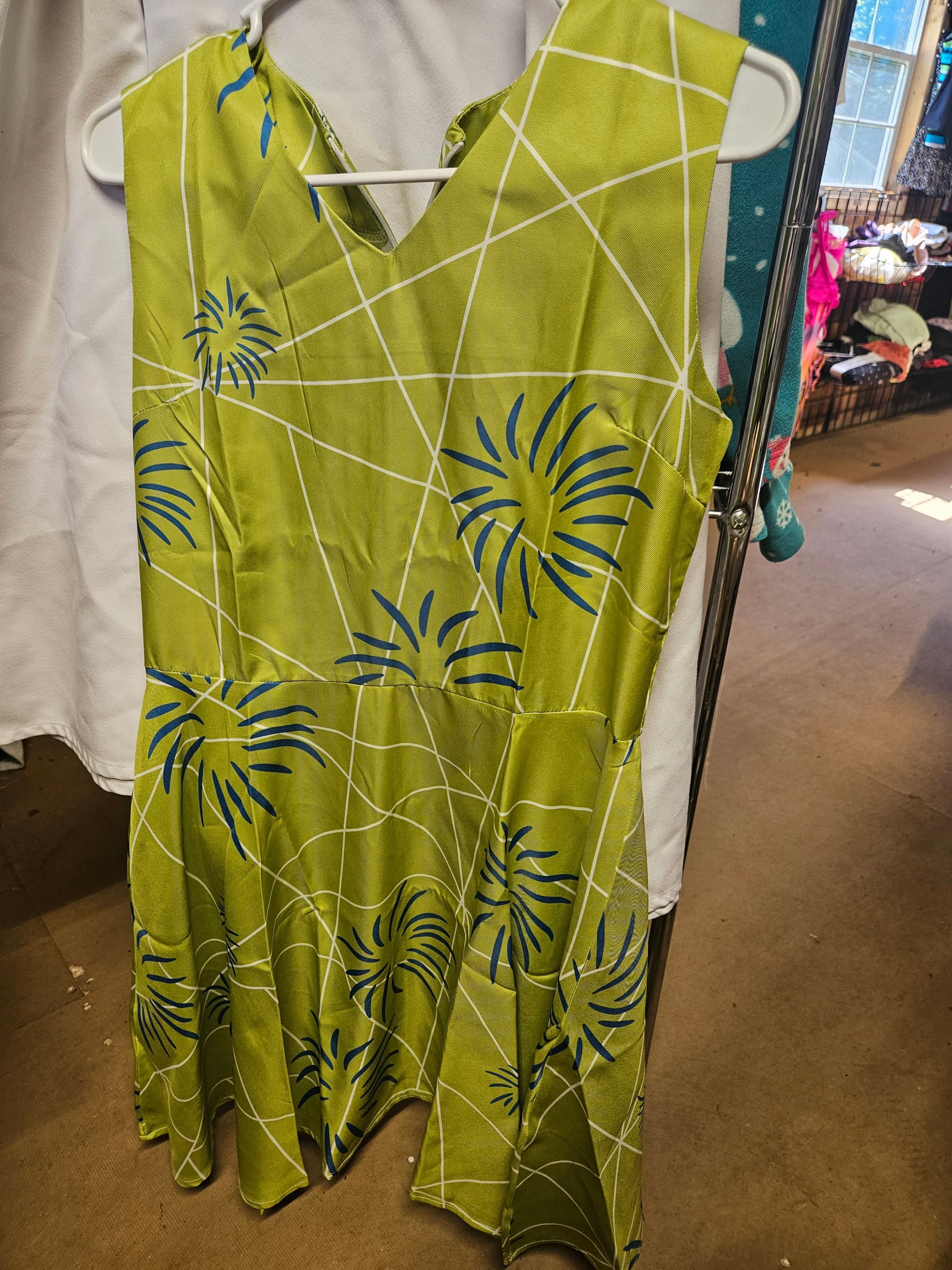 Green Sleeveless Dress with Blue Floral Print,with long yellow socks Size M - Thumbnail 2